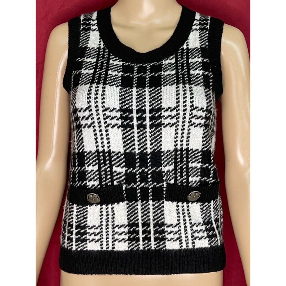 Talbots Petite Plaid Owl Button Sweater Vest P XS